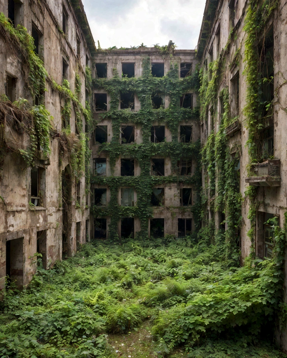 arafed building with a lot of windows and overgrown plants, empty buildings with vegetation, overgrown city, nature taking over, overgrown ruins, surreal abandoned buildings, overgrown environment, abandoned city, overgrown place, overgrown mall, overgrown with vines, an abandonded courtyard, abandoned buildings, overgrown with plants, overgrown with vegetation