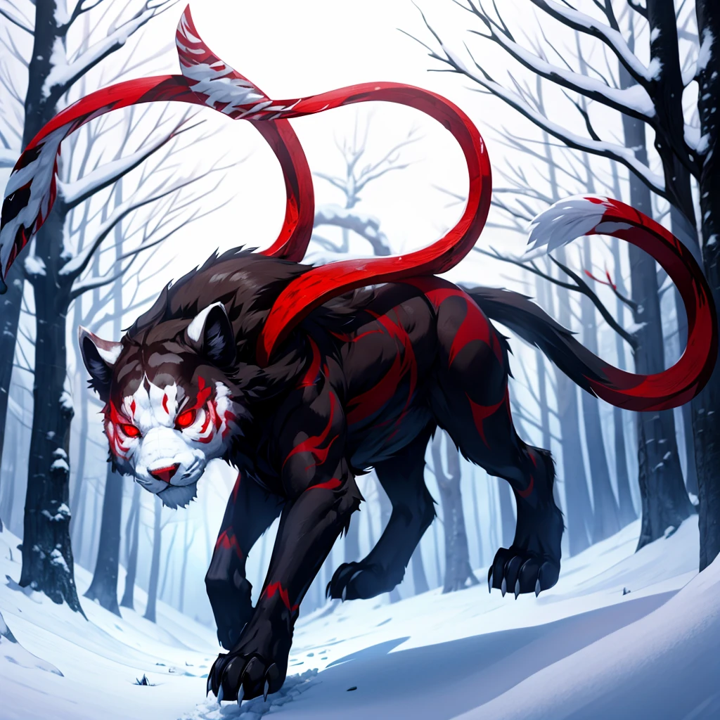 White wool, Red eyes, going for a log in the snowy forest