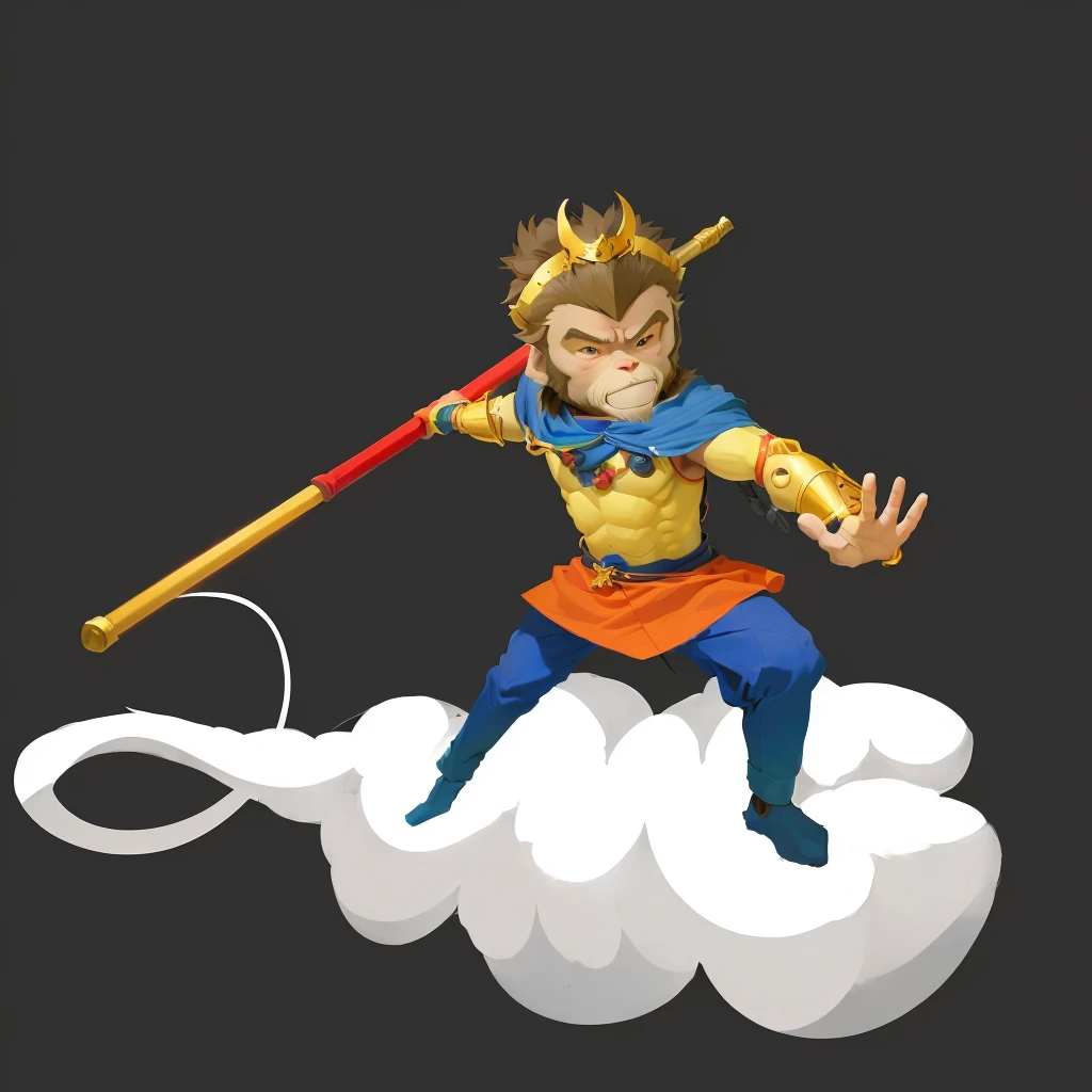 Cartoon illustration of a man in blue clothes holding a pole, sun Wukong, Sun Wukong, Wukong, Legendary god holding a spear, Akira in Chinese mythology, Journey to the West, Journey to the West. Pop Art, Smart monkey with long knife, Ashura，From Chinese mythology, fighting game characters, Humanoid monkey fantasy race, Japanese God