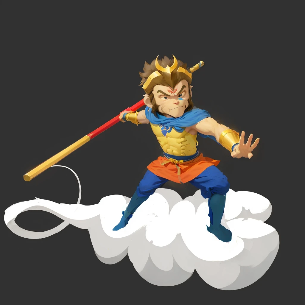 Cartoon illustration of a man in blue clothes holding a pole, sun Wukong, Sun Wukong, Wukong, Legendary god holding a spear, Akira in Chinese mythology, Journey to the West, Journey to the West. Pop Art, Smart monkey with long knife, Ashura，From Chinese mythology, fighting game characters, Humanoid monkey fantasy race, Japanese God