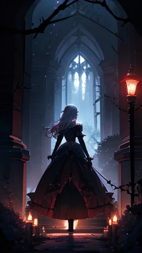 Princess, red lamp, haunting, mysterious, imprisoned, axe, chains, bioluminescent path, briar, roses, thorns, bushes, sacrifice