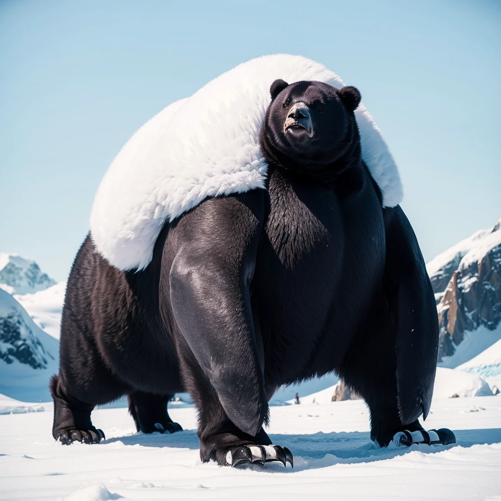 Big Animaly, has purple stripes on his skin, (has long fangs), his body is shaped like a big Bears but his face is like a penguin, Grassroots, Ice background