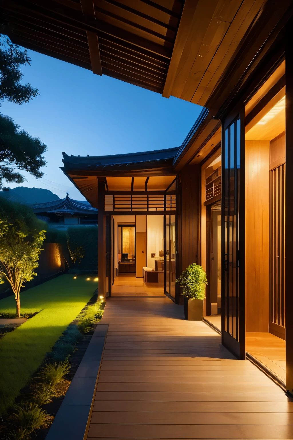 highest quality, masterpiece,architecture, building, Bush, Day, Depth of written boundary, east asian architecture, garden, Grass, Home, No humans, Outdoor, plant, scenery, wood, water, window,Veranda,corridor,night,Sliding doors,Landscape image generation,night,night明かり
