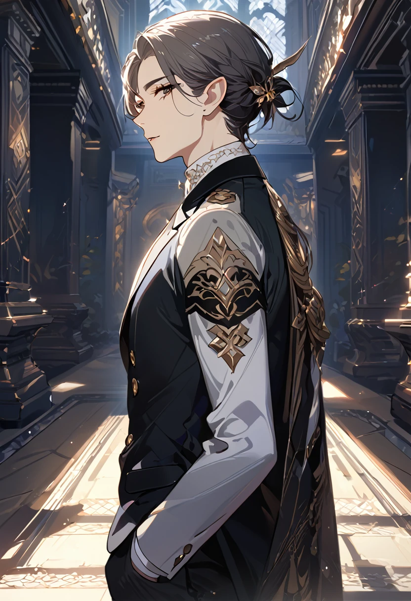 masterpiece, best quality, 8k ,4k , 1 male, elf, long ears elf, dark grayish hair, dark greenish eyes, hair ornament, finely detailed eyes and detailed face, looking at viewer, from side, meticulous clothes, formal clothes, combination of white and black coat, half cape by the shoulders, patterned clothes, majestic looks, sharp looks, shadows, inspired by Asukaziye artist : ask, art style : ask