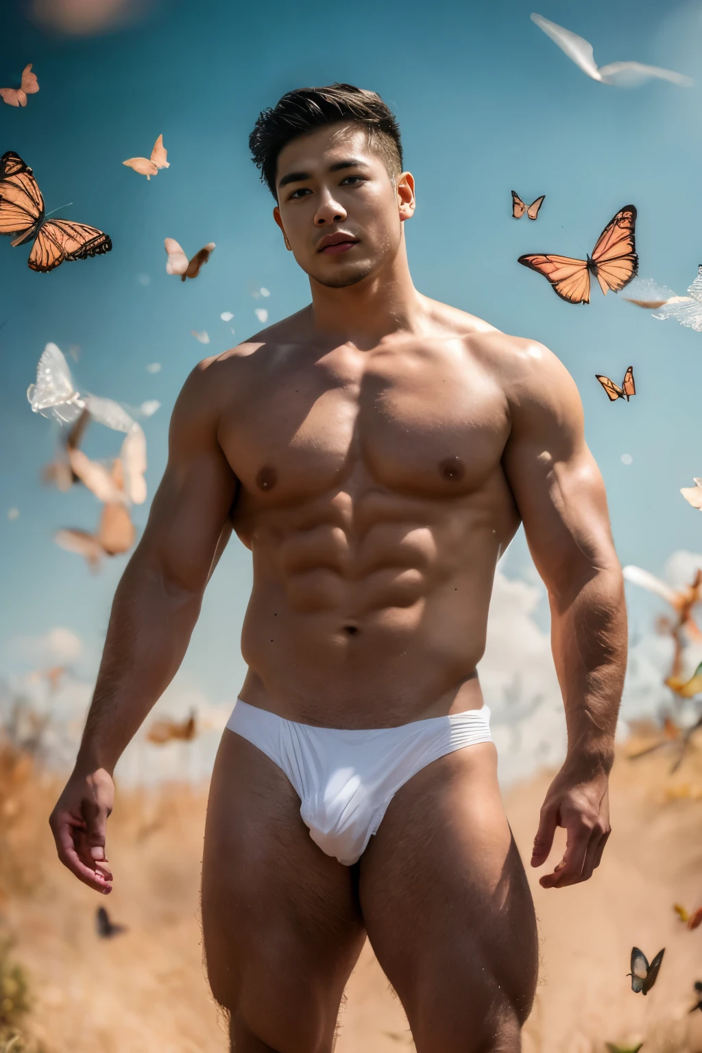 (8K, RAW photo, Highest quality) masterpiece, ung boy, 18 years old, Asian muscular man Look at viewer, standing forward, showing his huge muscular breasts, puffy nipples, sexy six packs, narrow waist, Handsome, Topless, Thick body hair, man wearing thong underwear , butterflies on his body, butterflies flying through the air, gradient background, studio Backdrops , cinematic lighting, UHD