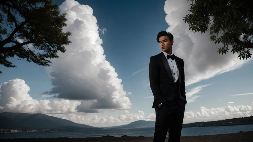 white blazer , cotton black pants tuxedo 3 piece suit , side full pose of male model , holding a bazoka , cinematic bright lighting, beautiful scenic