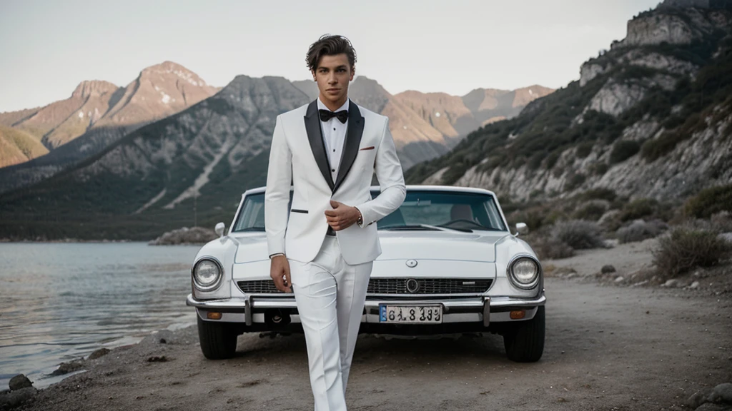 white blazer , cotton black pants tuxedo 3 piece suit , side full pose of male model , holding a bazoka , cinematic bright lighting, beautiful scenic