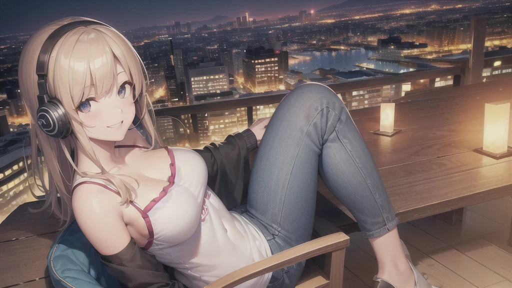 (In 8K, Ultra-high resolution, Best Quality, Masterpiece:1.2), (Realistic illustrations), (Highly Detailed CG Unity 8K Wallpaper), Relaxed girl listening to music with headset, smile, Detailed teeth, はにかんだsmile, Nostalgic vintage style animation, 80s city night view, bike