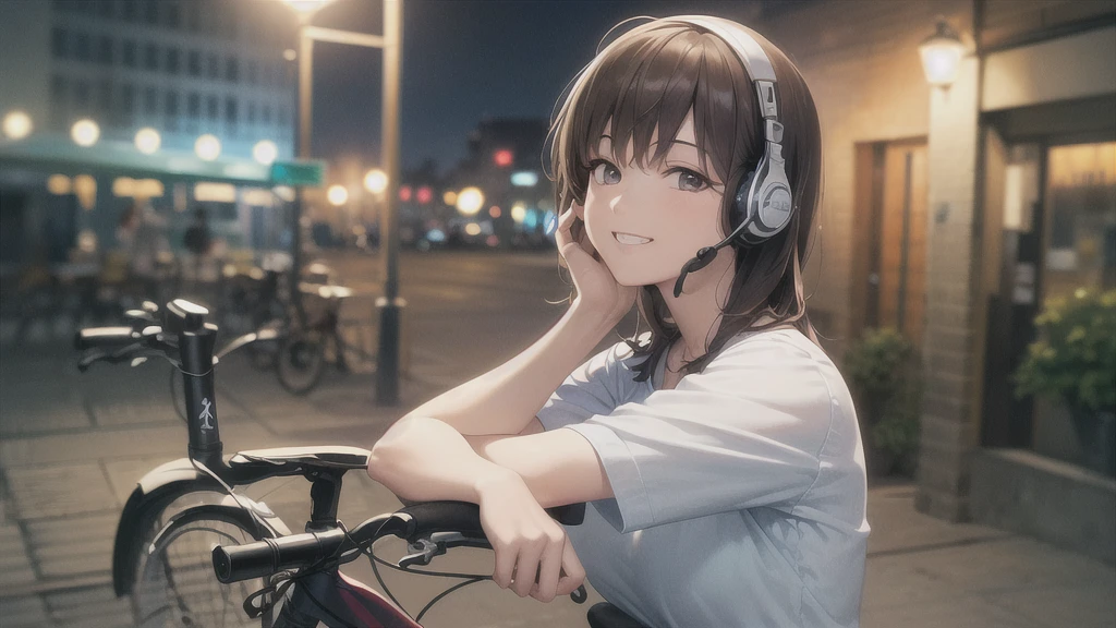 (In 8K, Ultra-high resolution, Best Quality, Masterpiece:1.2), (Realistic illustrations), (Highly Detailed CG Unity 8K Wallpaper), Relaxed girl listening to music with headset, smile, Detailed teeth, はにかんだsmile, Nostalgic vintage style animation, 80s city night view, bike