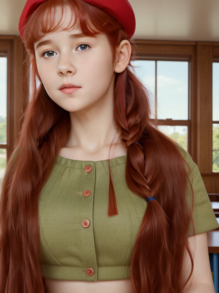 (best quality,4k,8k,highres,masterpiece:1.2),ultra-detailed,(realistic,photorealistic,photo-realistic:1.37), ((classroom, a young school girl, she wears beret, shy, braided red hair, pale skin)), ((slim body, very large bust size for her young age))