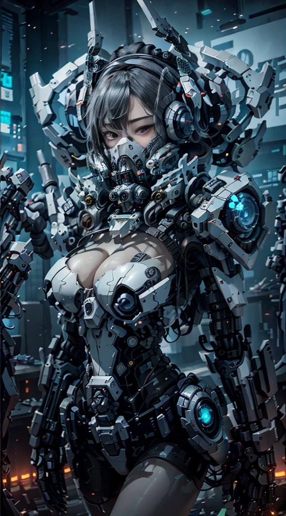 A black、Cyberpunk style、Ultra Detailed、High resolution、Messy white hair、Huge breasts,、Cleavage exposed、delicate face、A beautiful girl wearing a mech mask stands in the ruins.、Behind her is a huge、Held a heavy sniper beam rifle、(glowing particles:1.4)、(Extremely detailed CG、Unity 8k Wallpaper、3D、Like the same lights、lens flare)、reflector、Sharp focus、cyberpunk art、Cyberpunk Architecture、