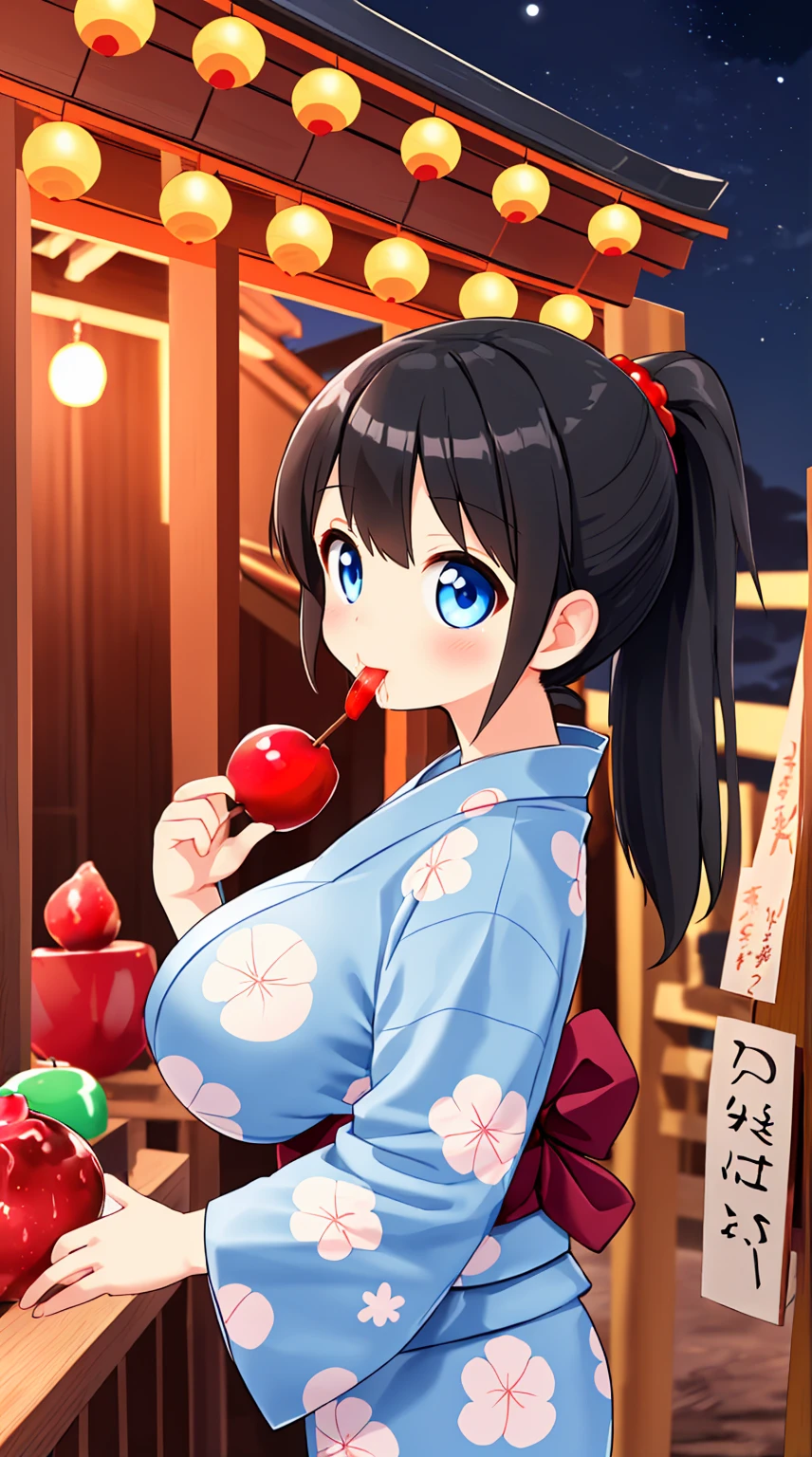 Black hair ponytail、yukata、Licking a candy apple、Light Blue Eyes、Big Breasts、Shrine stalls at night