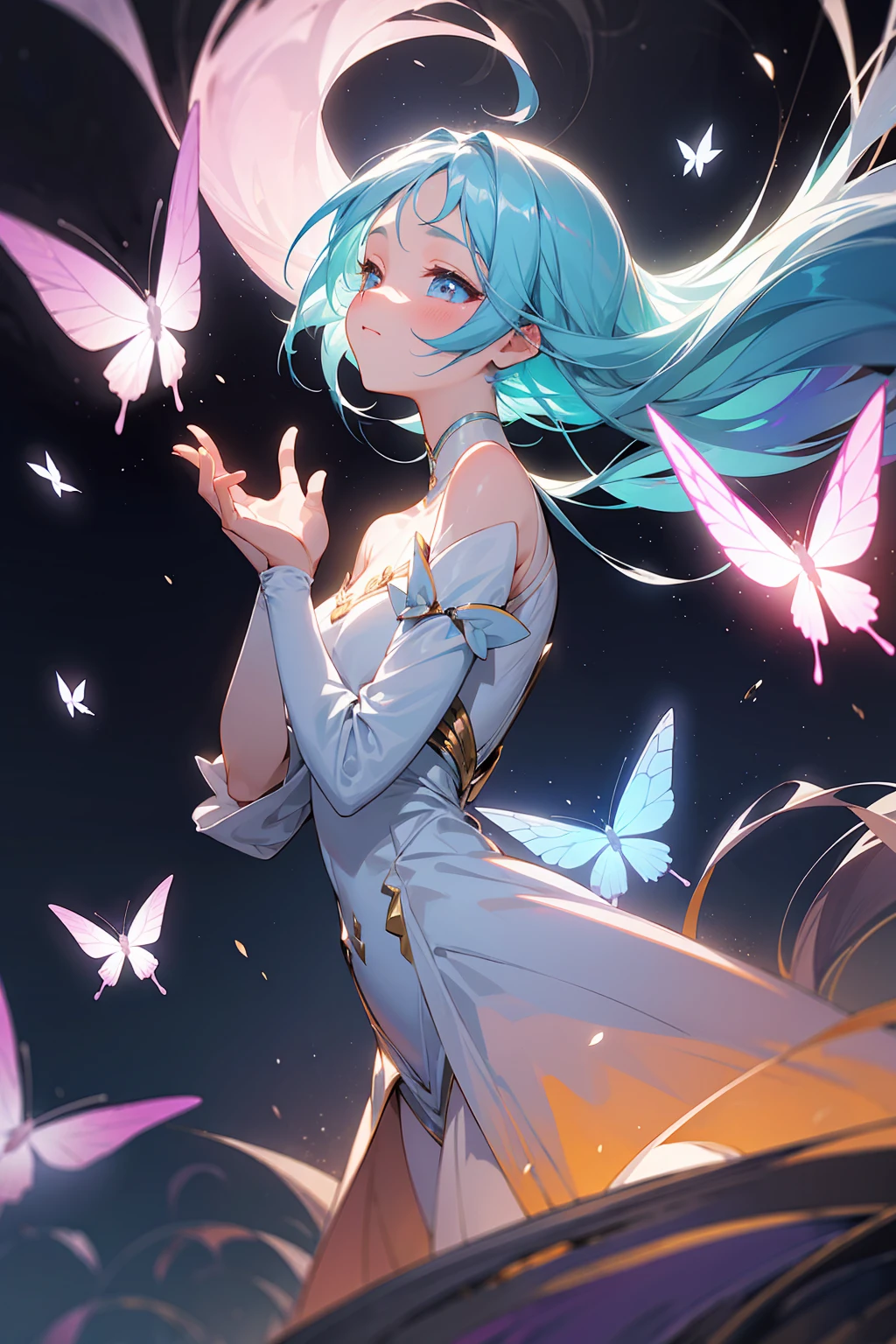 Here is a detailed description you can use as a prompt to generate a similar image using AI:
Create a dreamy, ethereal portrait of a young woman with flowing, iridescent hair that transitions from blue to shades of pastel colors. Her hair is animated, swirling around her, and illuminated by a gentle, mystical glow. Butterflies, glowing softly, flutter around her, adding to the magical atmosphere.
Her eyes are closed, and she has a serene, peaceful expression on her face. A small crescent moon symbol adorns her forehead, contributing to the celestial theme. She is dressed in a simple, elegant dress that complements the soft, pastel color scheme of the image.
The background should be a gradient of soft blues and purples, enhancing the dreamy and otherworldly feel of the scene. The overall atmosphere should evoke a sense of tranquility, magic, and whimsy, capturing the enchanting beauty of this celestial being.