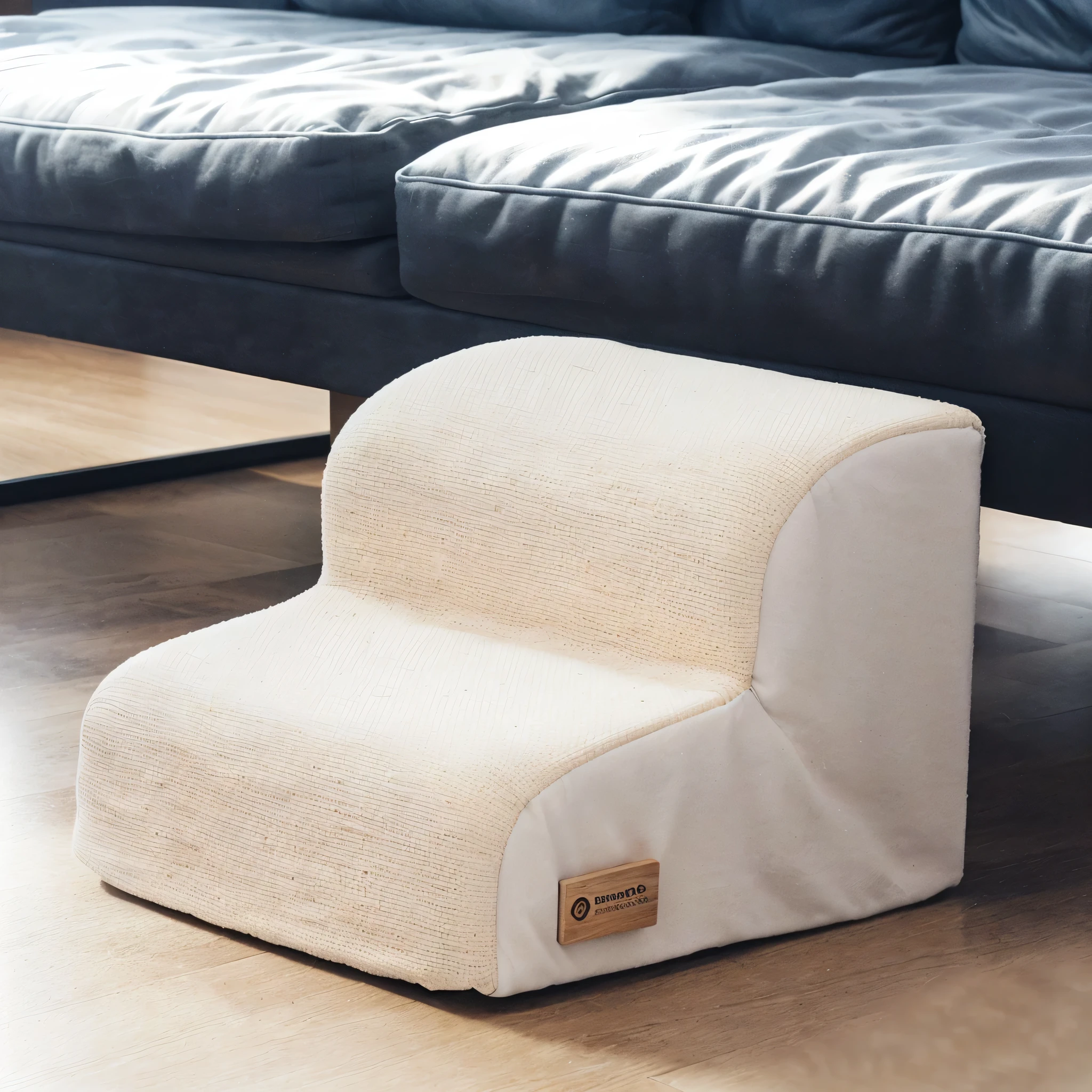 There is a staircase with two steps on the floor, product photo,rice coloured, Place in the living room, Alternate Angle, detailed picture,Designed for comfort and aesthetics!, Medium Panorama, Soft and warm, Official product images,Wooden floor,Warm and comfortable environment,Natural light and shadow,There is light shining on the surface of beige dog stairs