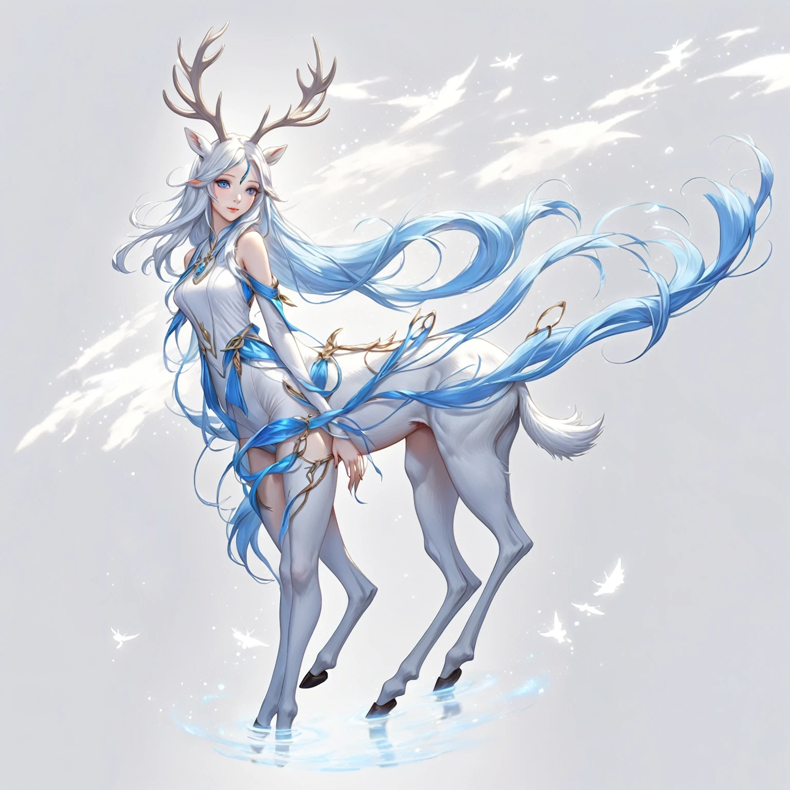 Anime style illustration of a white deer with long hair and blue tail, By Yumi, shrike, Anthropomorphic deer female, Beautiful young wind elf, anthropomorphic female deer, an Anthropomorphic deer, Anthropomorphic deer, A beautiful artistic illustration, a shrike, Digital Art on pixiv, fantasy concept art
