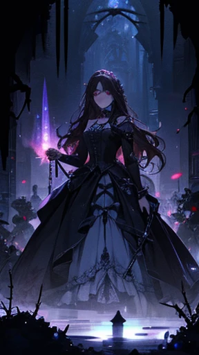 Princess, red lamp, haunting, mysterious, imprisoned, axe, chains, bioluminescent path, briar, roses, thorns, bushes, dark hair