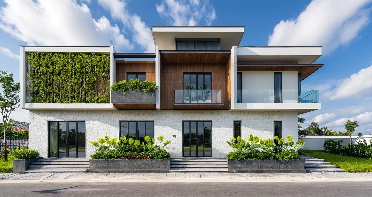 Masterpiece, high quality, best quality, authentic, super detail, outdoors, onestoreyvillaXL, aiai, aiaigroup, house style modern on the street ,stairs, white wall ,road,pavement, grass, trees, sky, cloud, (daylight:1.1)