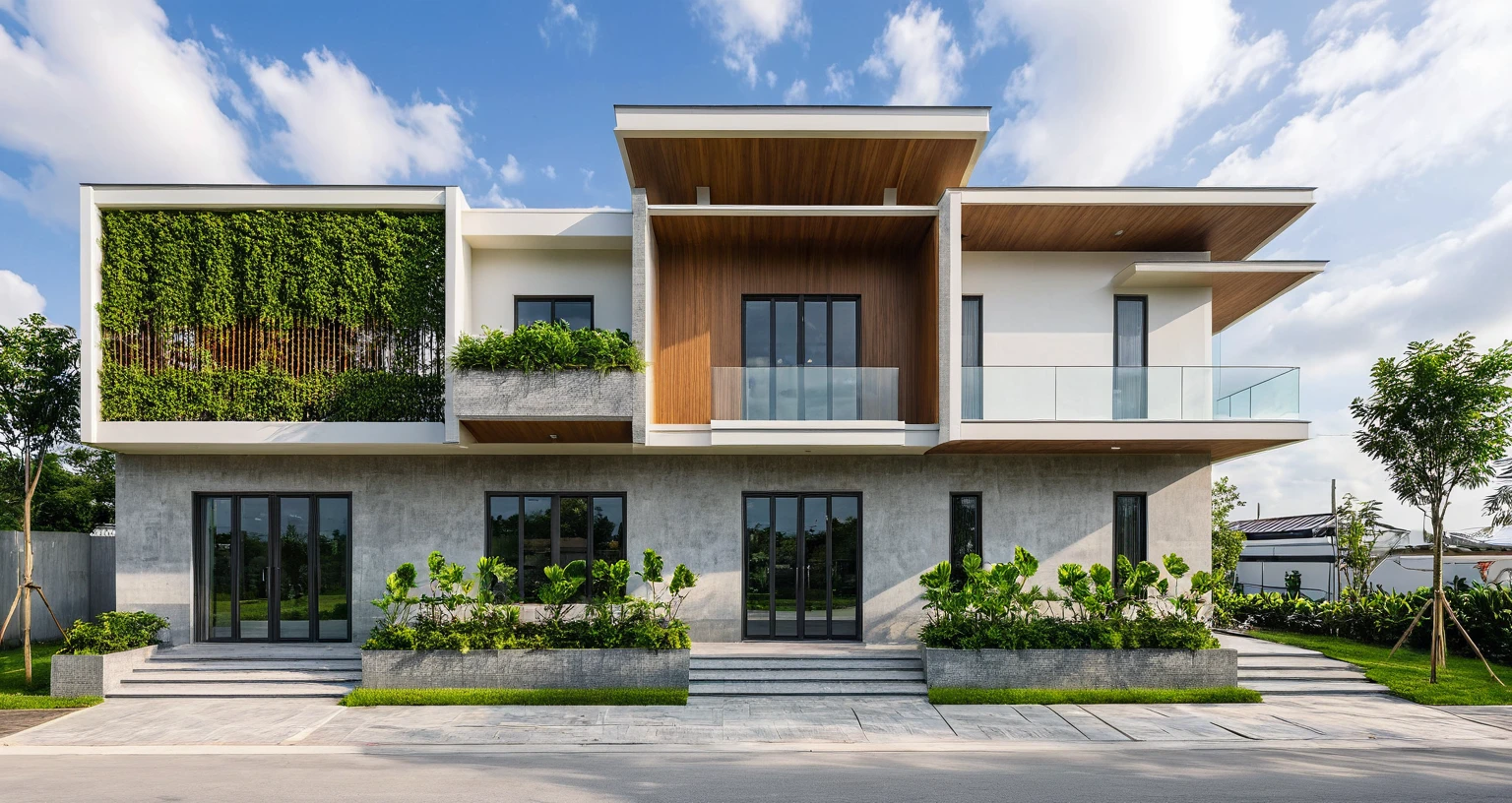 Masterpiece, high quality, best quality, authentic, super detail, outdoors, onestoreyvillaXL, aiai, aiaigroup, house style modern on the street ,stairs, white wall ,road,pavement, grass, trees, sky, cloud, (daylight:1.1)
