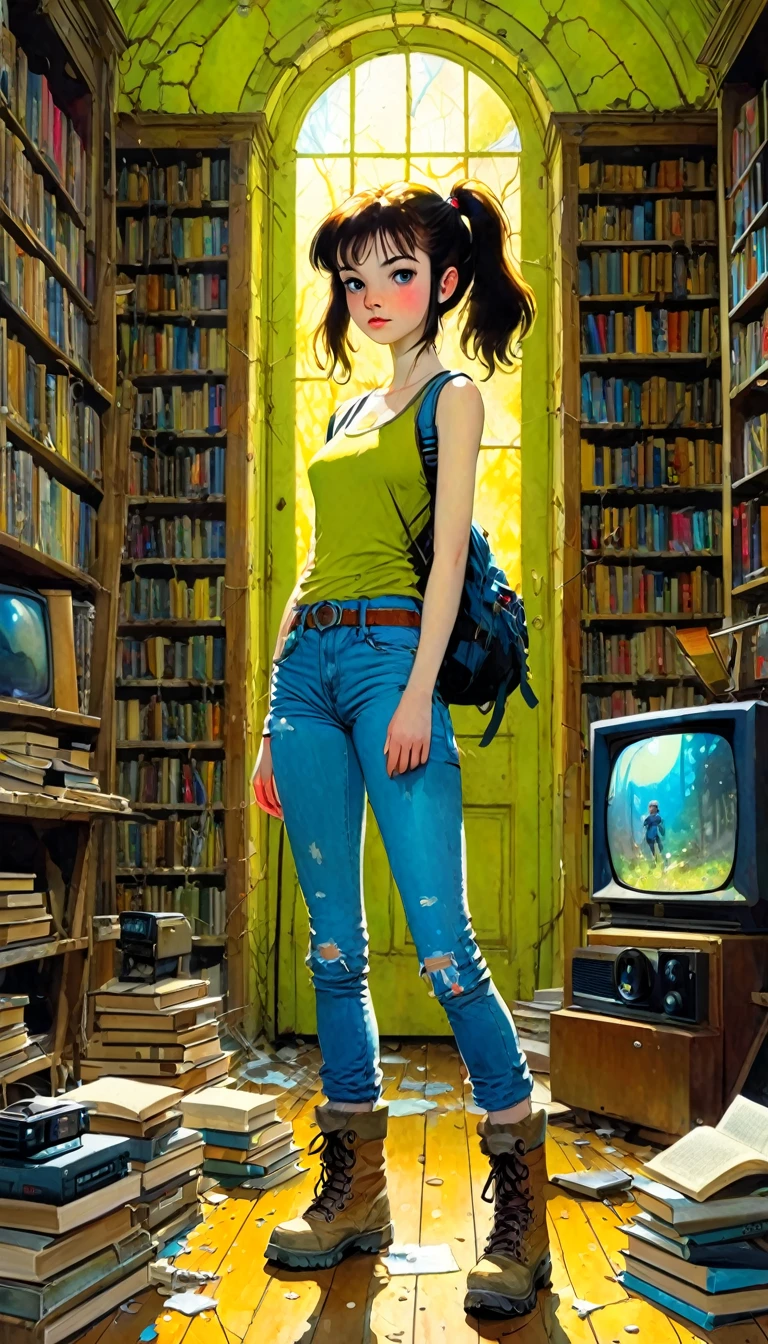 pretty girl, explorer, exploring a large library room in an abandoned house, jeans and tank top, hiking boots, everything old and full of dust and cobwebs, 80s, tv, large library, lots of details,(art inspired in Bill Sienkiewicz, Ghibli colors). oil painting)