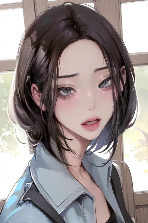 (Top resolution、Distinct_image)top-quality、femele、​masterpiece、ighly detailed、Semi-realistic、grey  eyes、18year old、young、Casual clothing、Exquisite facial features、Facial features、shorth hair