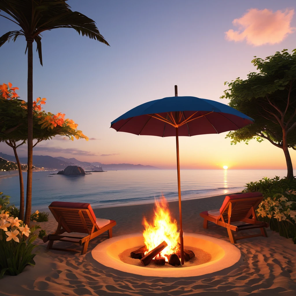 (GTA Style:1.5),Beach,sunset,Drunk, strong,Beach umbrella,Bonfire,荧光Beach,温柔的sunset,Beautiful garden,Amazing sea views,