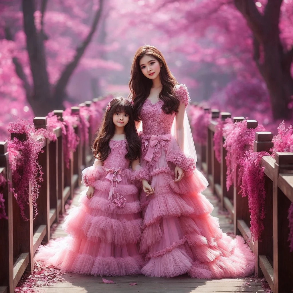 very beautiful Indonesian mother and daughter brown hair in soft pink dresses, pastel colors on the bridge, in a fresh green realistic forest, wearing soft pink dresses, pastel colors, tassels and ribbon ruffles, fantasy dresses, wearing soft pink dresses, pastel colors , soft party dress, pastel colors, soft pink romantic tutu, pastel colors, magic dress, soft pink dress, pastel colors, in a long dress in soft pink pastel colors or purple, wearing a beautiful dress, soft pink tutu in pastel colors, wearing a romantic tutu soft pastel pink