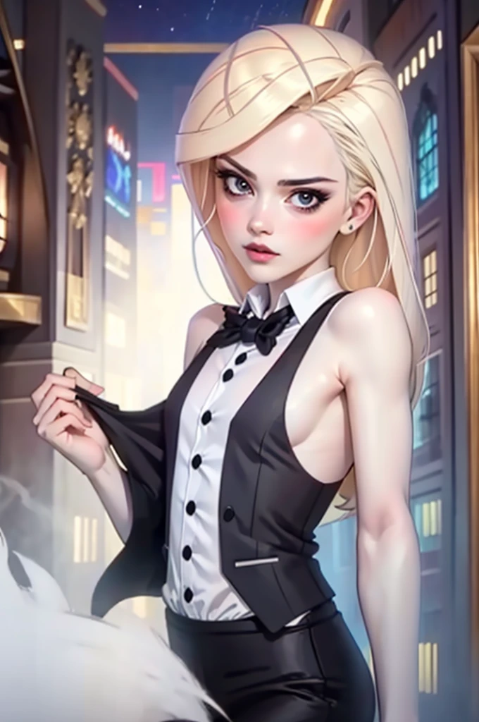(masterpiece), best quality, expressive eyes, perfect face, 1boy, solo focus, male, tall, thin, half updo, yellow eyes, light skin, white hair, medium hair, Vest, button shirt, Black tie, fancy , fallen angel, ink smear under one eye, Old school Newsie,