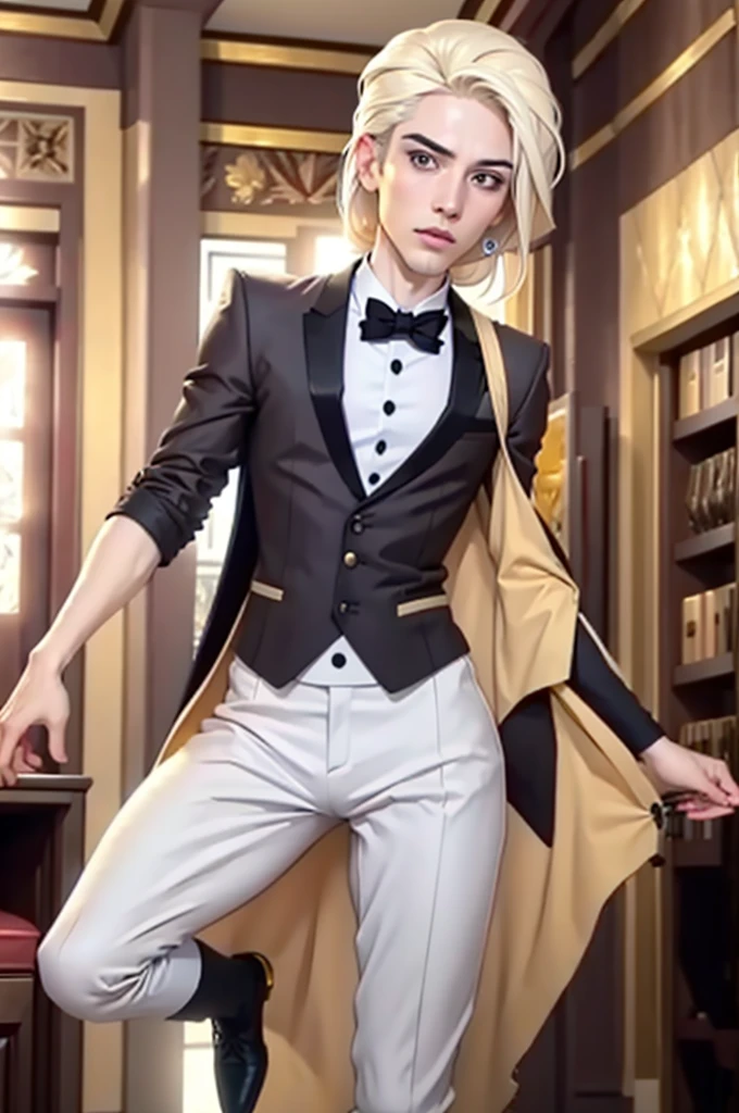 (masterpiece), best quality, expressive eyes, perfect face, 1boy, solo focus, male, tall, thin, half updo, yellow eyes,  light skin, white hair, medium hair, Vest, button shirt, Black tie, fancy , fallen angel, ink smear under one eye, Old school Newsie, 