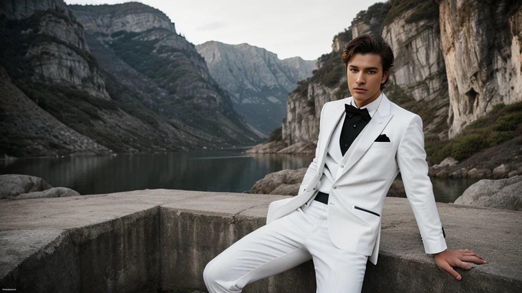 white blazer , cotton black pants tuxedo 3 piece suit , side full pose of male model , holding a bazoka , cinematic bright lighting, beautiful scenic
