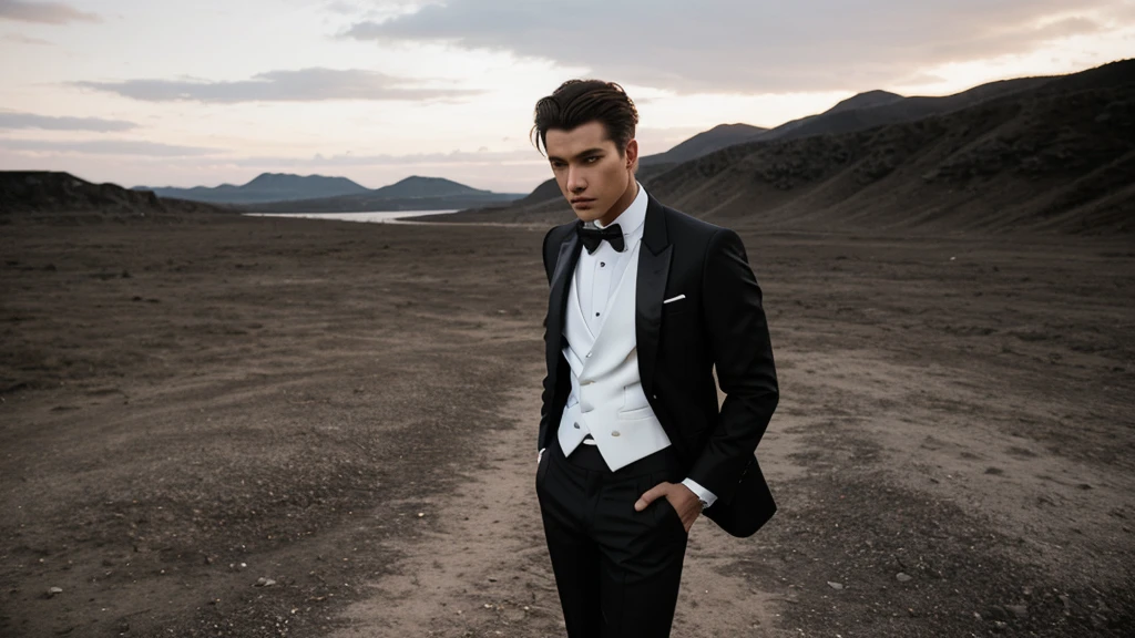 white blazer , cotton black pants tuxedo 3 piece suit , side full pose of male model , holding a bazoka , cinematic bright lighting, beautiful scenic