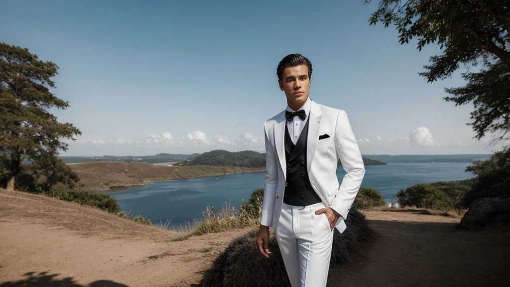 white blazer , cotton black pants tuxedo 3 piece suit , side full pose of male model , holding a bazoka , cinematic bright lighting, beautiful scenic
