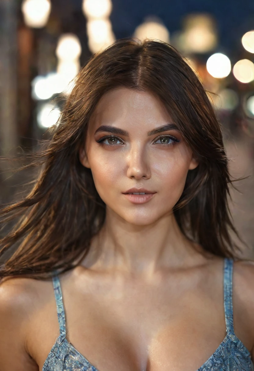 photography of stunning girl, in the city, enjoying, girl, summer, hot girl, (((small bust))), brunette hair, long_hair, looks into the camera, symmetrical face, photorealistic, photography, spectacular lighting,, gorgeous, cleavage, western, (masterpice), best quality, high resolution, extremely detailed, skin with pores, blurred background, depth of field, cinematic lighting