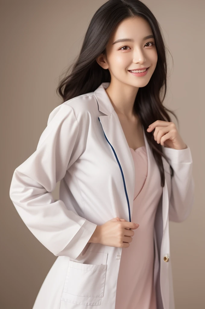 (masterpiece, best quality), 1girl, A beautiful young slim Japanese woman, wearing ((white lab coat)), [light pink nurse dress], [stockings], (((fingersmile))), (cowboy shot), extremely detailed face and eyes, detailed facial features, intricate details, realistic, photorealistic, photo-realistic:1.37, best quality, 8k, masterpiece:1.2, ultra-detailed, vivid colors, studio lighting, physically-based rendering, ((perfect face)),