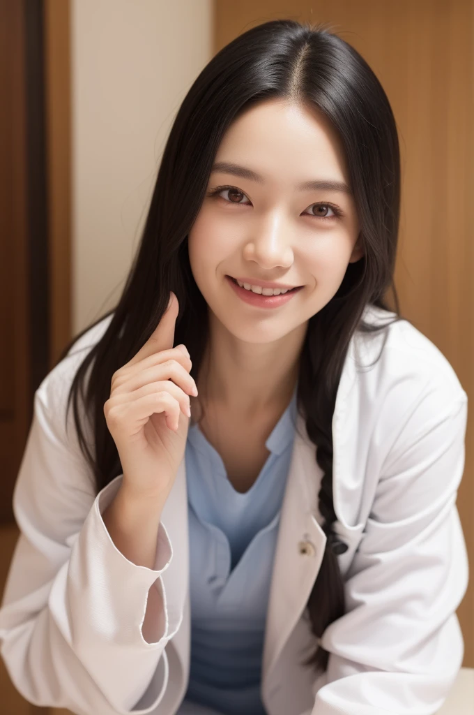 (masterpiece, best quality), 1girl, A beautiful young slim Japanese woman, wearing ((white lab coat)), [light pink nurse dress], [stockings], (((fingersmile))), (cowboy shot), extremely detailed face and eyes, detailed facial features, intricate details, realistic, photorealistic, photo-realistic:1.37, best quality, 8k, masterpiece:1.2, ultra-detailed, vivid colors, studio lighting, physically-based rendering, ((perfect face)),