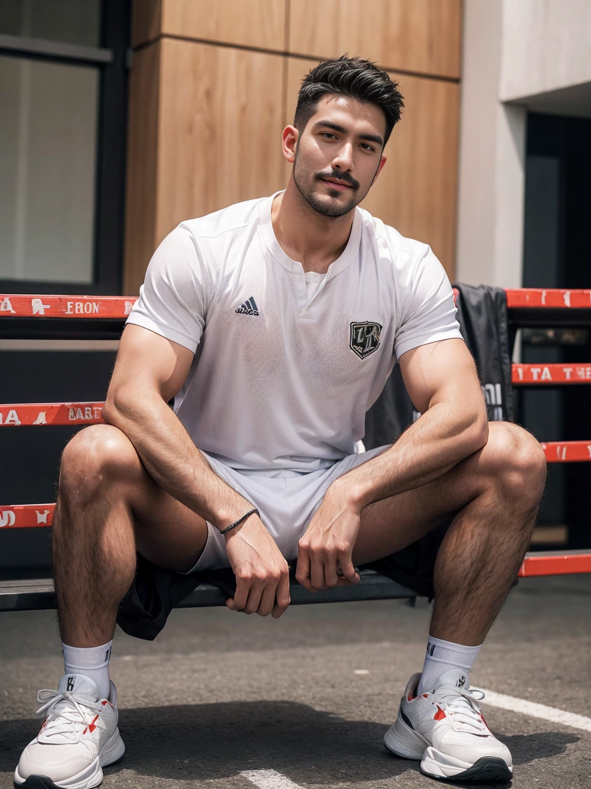 smile, short hair, black hair, brown hair, black hair, sitting, male focus, multiple , shoes, shorts, arms, wristband, sneakers, sportswear, bench, basketball, basketball uniformanother, chest hair, , navel hair, leg hair, armpit hair, hairy, (Chest hair:1.8) ! High detail 8K)! ((Realistically)), ! 186 cm! 70 kilograms! Popular clips! ( High-detail 8k ((realistically)), Exposed chest muscle and chest hair!, best quality, bright lighting, focus, theater! 35 years old, hairy breasts, thick hair Adam Dario Kier screenshot, Reddit, photo realism, gray hair!real photos!Thick moustache!(Chest hair:1.5)Real photos!