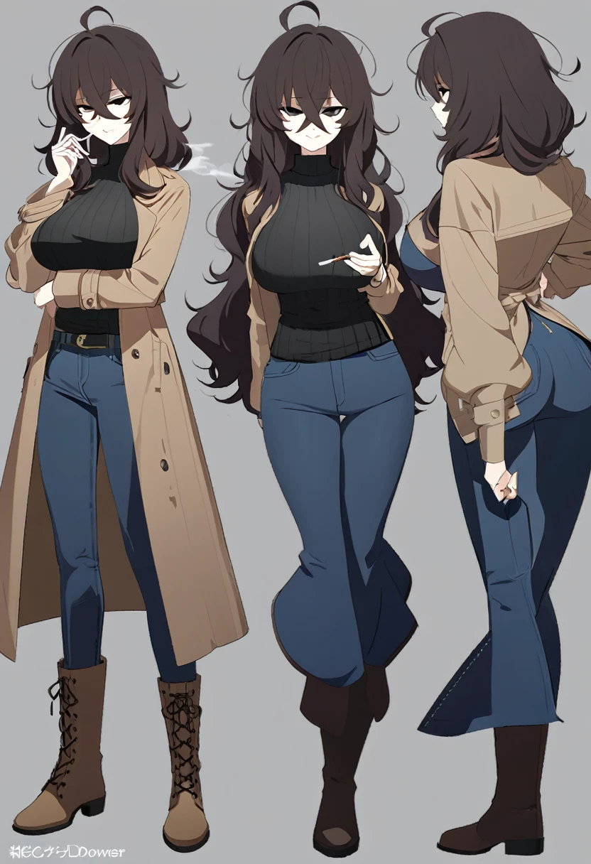 One Woman,Downer,older sister,Concept Art,Dark brown hair,Straight hair with slight inward curls,Staring eyes,Eye Ridge,black eye,Crossed bangs,whole body,smile,Larger breasts,Gray background,Bangs that reach down to the eyes,Messy hair,Tight dark jeans,Dark brown turtleneck sweater,Multiple views of the same character,Character Design,Dark circles under the eyes,Bad look,Listless,Sloppy,accessories,Cafe staff,Holding a cigarette,whole bodyCharacter Design,Detailed hands,Height: 170cm,boots,Brown coat,