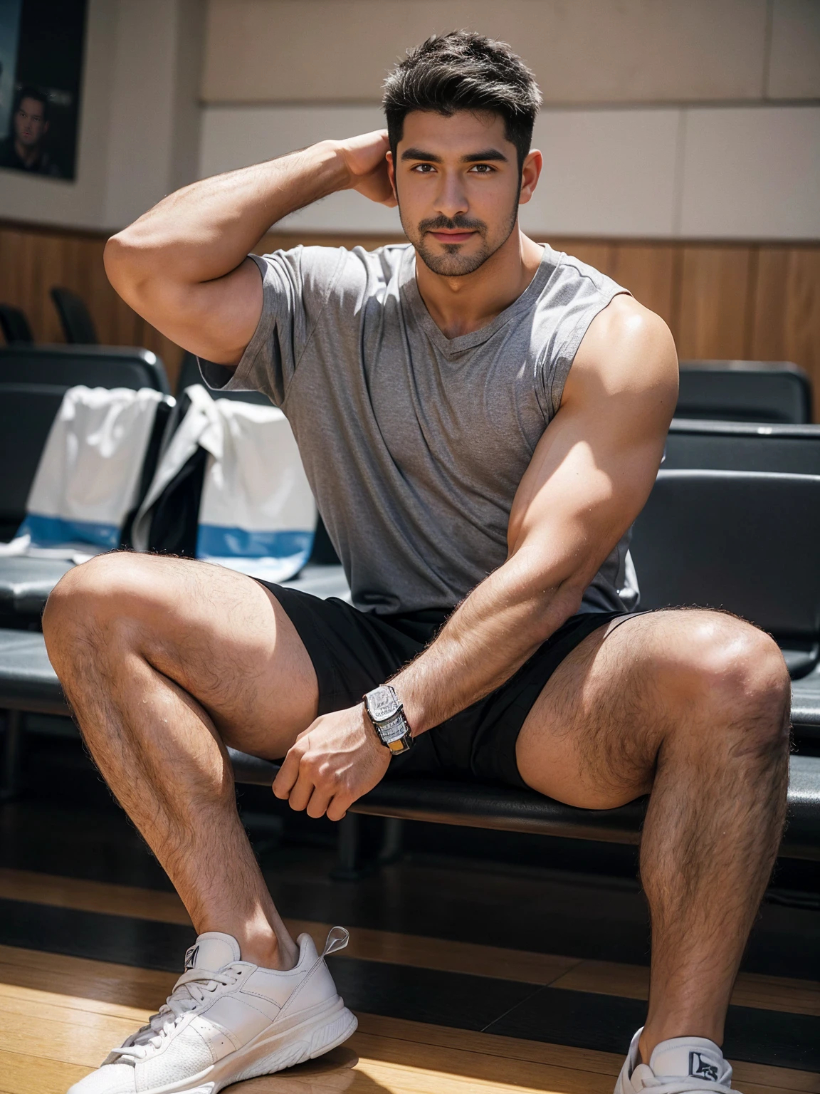 smile, short hair, black hair, brown hair, black hair, sitting, male focus, multiple , shoes, shorts, arms, wristband, sneakers, sportswear, bench, basketball, basketball uniformanother, chest hair, , navel hair, leg hair, armpit hair, hairy, （Chest hair：1.8） ！ High detail 8K)! ((Realistically)), ! 186 cm! 70 kilograms! Popular clips! ( High-detail 8k ((realistically)), Exposed chest muscle and chest hair!, best quality, bright lighting, focus, theater! 35 years old, hairy breasts, thick hair Adam Dario Kier screenshot, Reddit, photo realism, gray hair！real photos！Thick moustache!(Chest hair：1.5）Real photos!