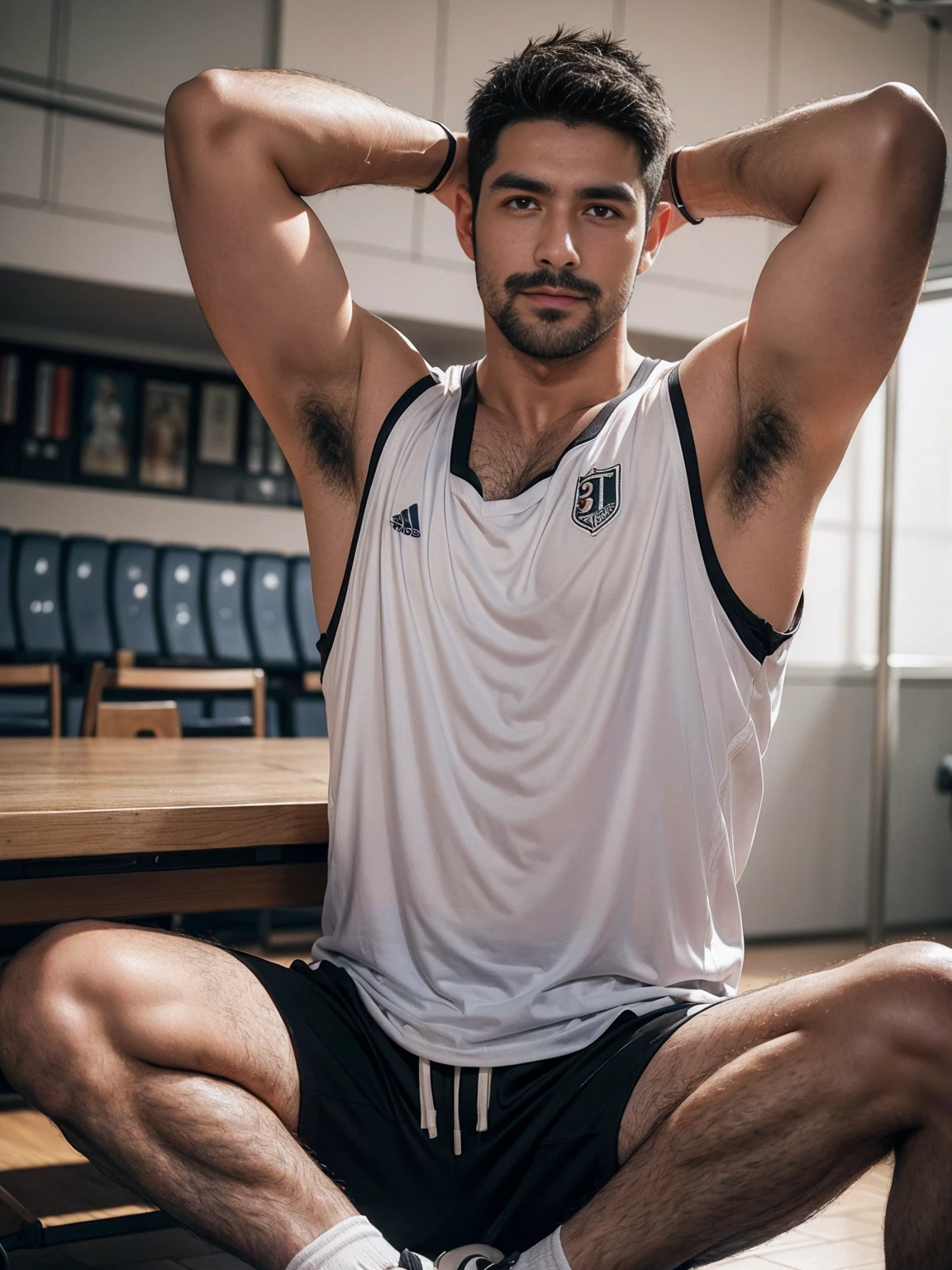 smile, short hair, black hair, brown hair, black hair, sitting, male focus, multiple , shoes, shorts, arms, wristband, sneakers, sportswear, bench, basketball, basketball uniformanother, chest hair, , navel hair, leg hair, armpit hair, hairy, (Chest hair:1.8) ! High detail 8K)! ((Realistically)), ! 186 cm! 70 kilograms! Popular clips! ( High-detail 8k ((realistically)), Exposed chest muscle and chest hair!, best quality, bright lighting, focus, theater! 35 years old, hairy breasts, thick hair Adam Dario Kier screenshot, Reddit, photo realism, gray hair!real photos!Thick moustache!(Chest hair:1.5)Real photos!