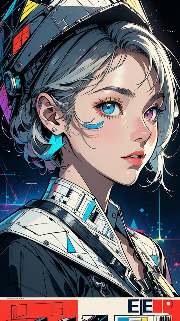 (((masterpiece, highest quality))),(((solo:1.2))),(((1girl:1.2))),32k wallpaper, very detailed, poster, vintage science fiction, 1960s,(((((geometric cinematic movie poster))))), (bauhaus), shape,(((abstract))), mid century modern, movie poster, vintage, Perfect Lady,1970's, halftone, speech bubble,(((portfolio,Close-up))),(((various angle))),(((bust up))),((highlight)),Vast landscape,((((heterochromia)))),(((complete. detailed face))),(((Extremely talented))),(((most complecated machine)))