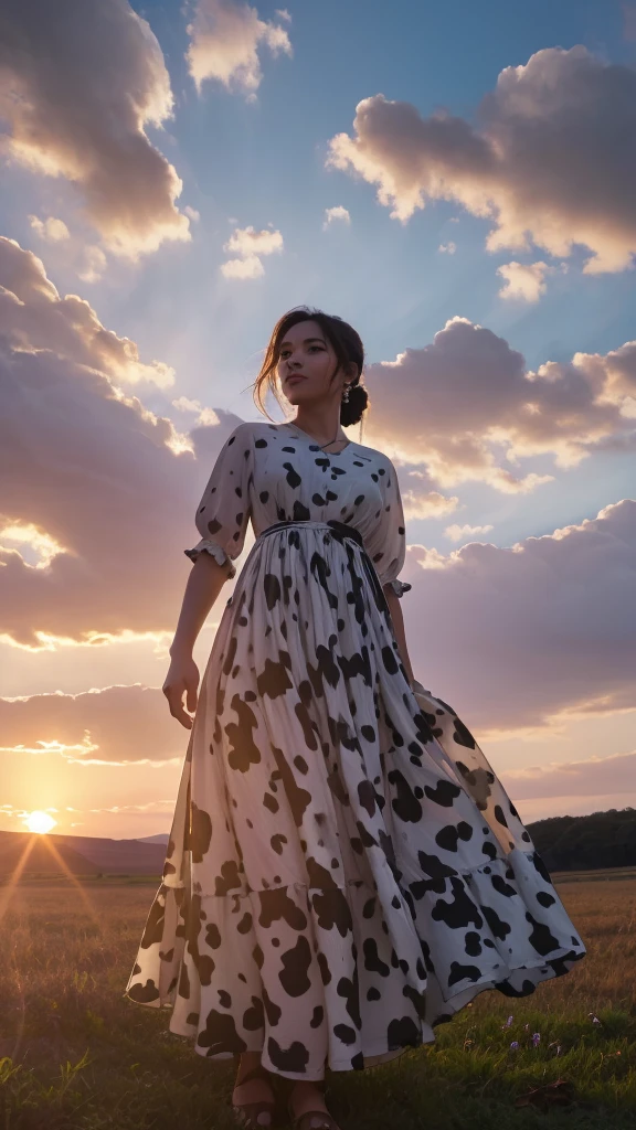 cow patterned dress, Beauty, Surrounded by lots of cows, (From below:1.3), sundown