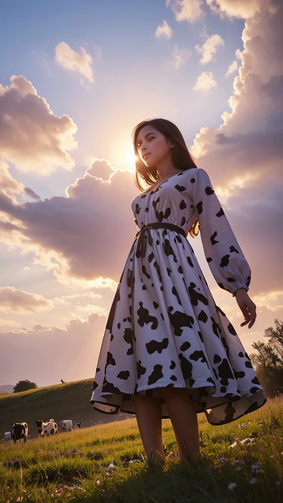 cow patterned dress, Beauty, Surrounded by lots of cows, (From below:1.3), sundown