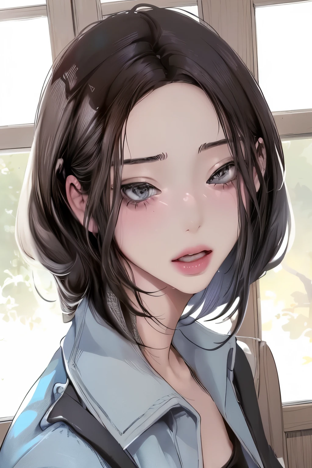 (Top resolution、Distinct_image)top-quality、femele、​masterpiece、ighly detailed、Semi-realistic、grey  eyes、18year old、young、Casual clothing、Exquisite facial features、Facial features、shorth hair