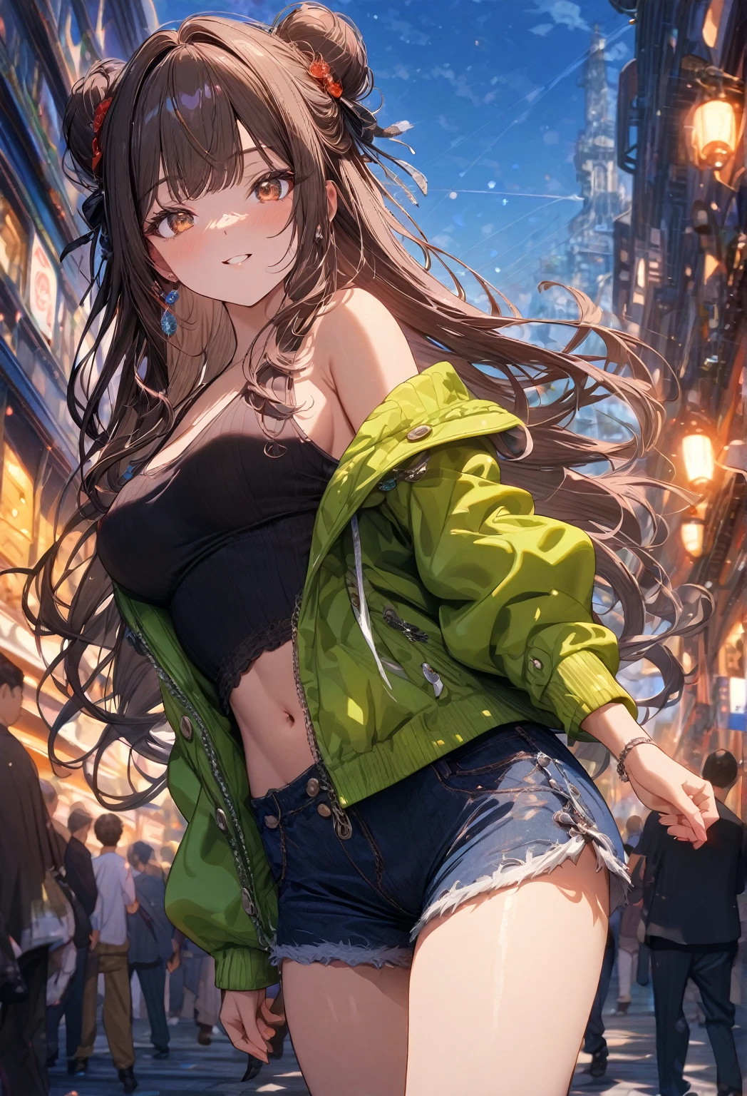 ((masterpiece:0), best quality, very aesthetic, newest, absurdres, detailed, high quality)
BREAK
highest quality, top quality, details, highres, ultra fine painting, digital art, official art, cinematic, 4k, 8k resolution, 8K CG wallpaper, CG, original artwork, detailed background, colorful background, blue atmosphere, High Dynamic Range, blurry background, blue hour, Starburst effects, crepuscular rays, good ISO, high resolution, wide shot, from far away, RAW photo, POV, sharp focus, lens flare, light reflection, reflections, intricate details, soft light, particle noise, professional photography, bokeh, depth of field, natural lighting, vibrant colors, looking away, detailed lights and shadows, stylish, ultra-detailed, Pixiv, trending art, niji style, modern-days, master crafted, pose
BREAK
solo, 1girl, a girl, correct fingers, detailed face, (medium big breasts:1.2), big thighs, short torso, short body, flushtered smile, warm happy expression, casual, cute, slim, (childlike face:1.3), nice hips, nice body, brown hair, (long flowing hair:1.1), big 2 buns hairstyle, long bangs, long hair, middle hair bangs, brown eyes
BREAK
(black string tank top, off shoulder open green hoodie, tummy skin:1.1, open unbuttoned shorts, outfit ornaments)
BREAK
a close up of a person walking down a street with a crowd of people, crowded street, crowded streets, in front of a large crowd, giant crowd, girl walking through city, people walking down a street