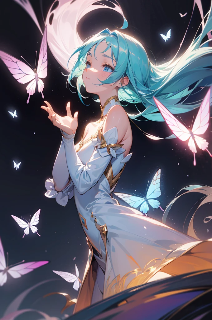 
Here is a detailed description you can use as a prompt to generate a similar image using AI:

Create a dreamy, ethereal portrait of a young woman with flowing, iridescent hair that transitions from blue to shades of pastel colors. Her hair is animated, swirling around her, and illuminated by a gentle, mystical glow. Butterflies, glowing softly, flutter around her, adding to the magical atmosphere.

Her eyes are closed, and she has a serene, peaceful expression on her face. A small crescent moon symbol adorns her forehead, contributing to the celestial theme. She is dressed in a simple, elegant dress that complements the soft, pastel color scheme of the image.

The background should be a gradient of soft blues and purples, enhancing the dreamy and otherworldly feel of the scene. The overall atmosphere should evoke a sense of tranquility, magic, and whimsy, capturing the enchanting beauty of this celestial being.

