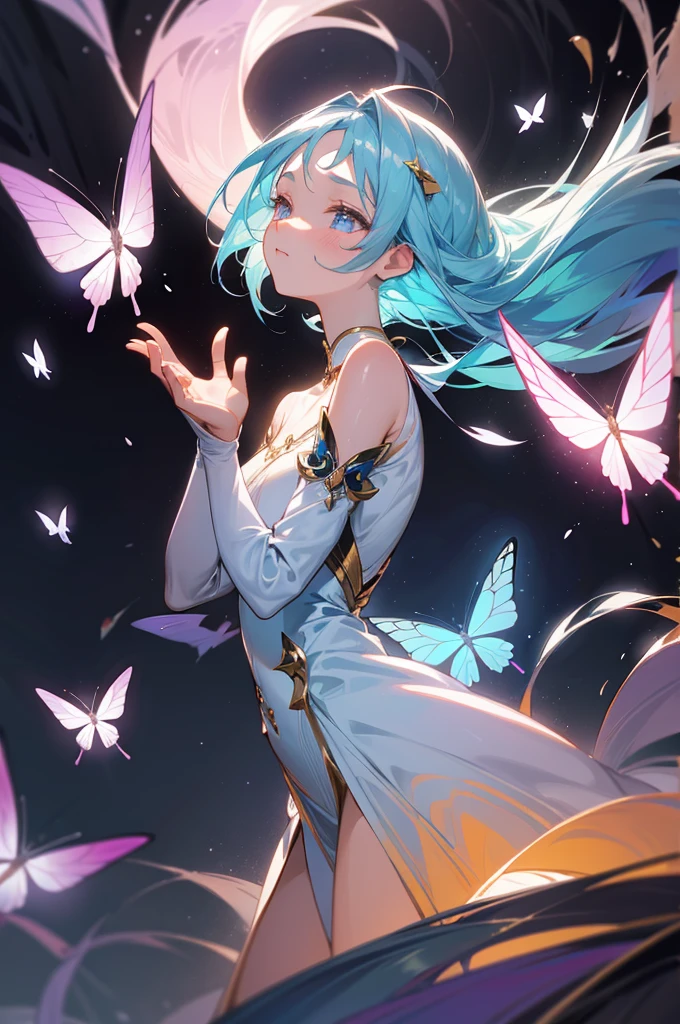 Here is a detailed description you can use as a prompt to generate a similar image using AI:
Create a dreamy, ethereal portrait of a young woman with flowing, iridescent hair that transitions from blue to shades of pastel colors. Her hair is animated, swirling around her, and illuminated by a gentle, mystical glow. Butterflies, glowing softly, flutter around her, adding to the magical atmosphere.
Her eyes are closed, and she has a serene, peaceful expression on her face. A small crescent moon symbol adorns her forehead, contributing to the celestial theme. She is dressed in a simple, elegant dress that complements the soft, pastel color scheme of the image.
The background should be a gradient of soft blues and purples, enhancing the dreamy and otherworldly feel of the scene. The overall atmosphere should evoke a sense of tranquility, magic, and whimsy, capturing the enchanting beauty of this celestial being.