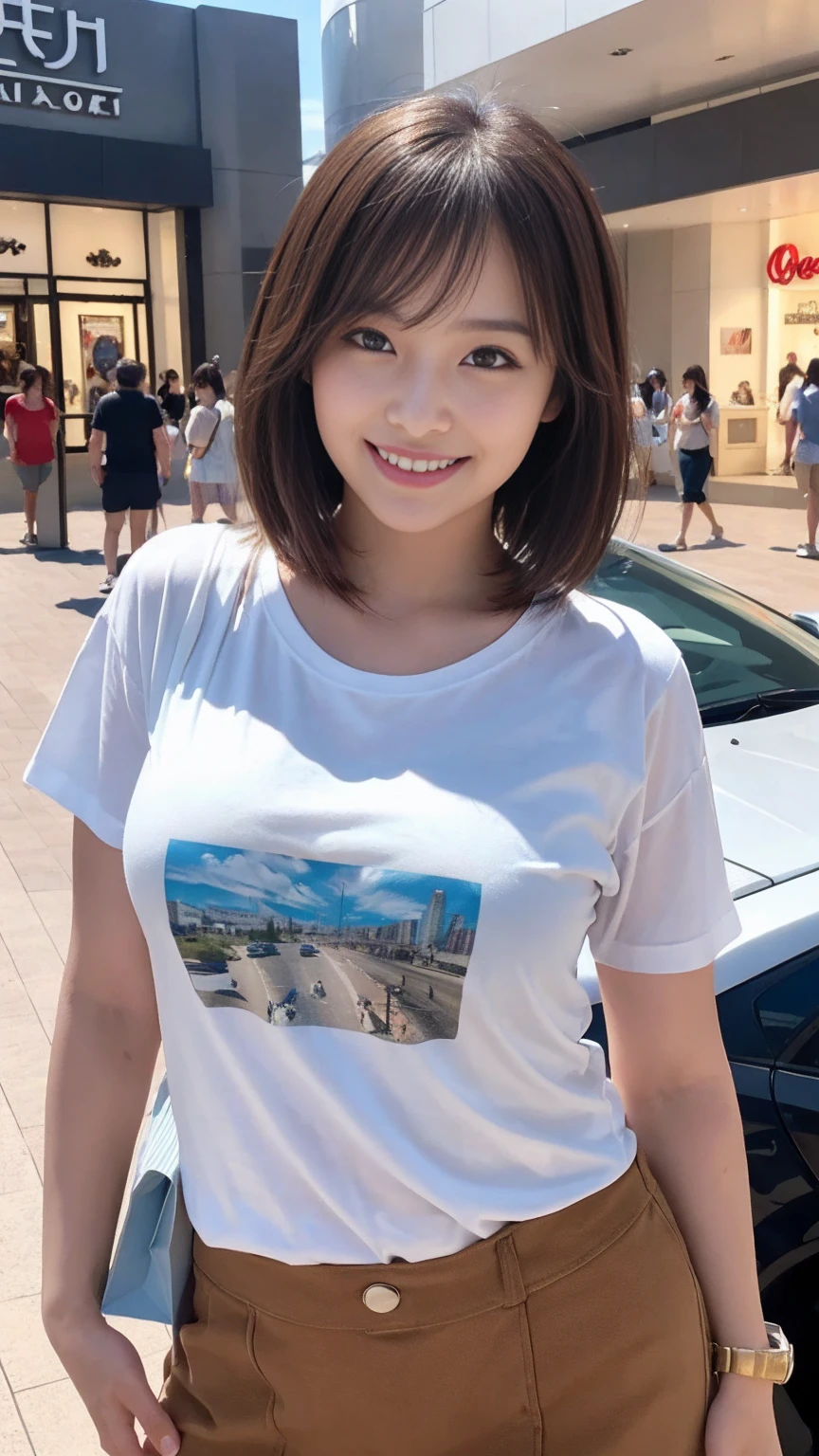 8k,((highest quality)),Very detailed,((masterpiece)),Realistic, masterpiece, highest quality, (Reality: 1.4), オリジナルphotograph, 35mm lens, Aperture f1.4, Movie Posters, Light and shadow,((Big Tits 1.1)),girl,Real Skin, (Skin Details: 1.3),Corrects your fingers into a beautiful shape,Two beautiful arms,Real fingers with attention to detail,High quality skin,photograph,short hair,((Shopping mall)),Eating soft serve ice cream,Age 25,((Big, wide eyes)),Voluptuous body,((Full Body Shot:1.3)),Ultra-high resolution,((Realistic: 1.4)), RAWphotograph,Beautiful colors,Backlight,Bright lighting,(Bright smile:1.5),One Woman,((T-Shirts)),skirt,snap shot,Portrait,