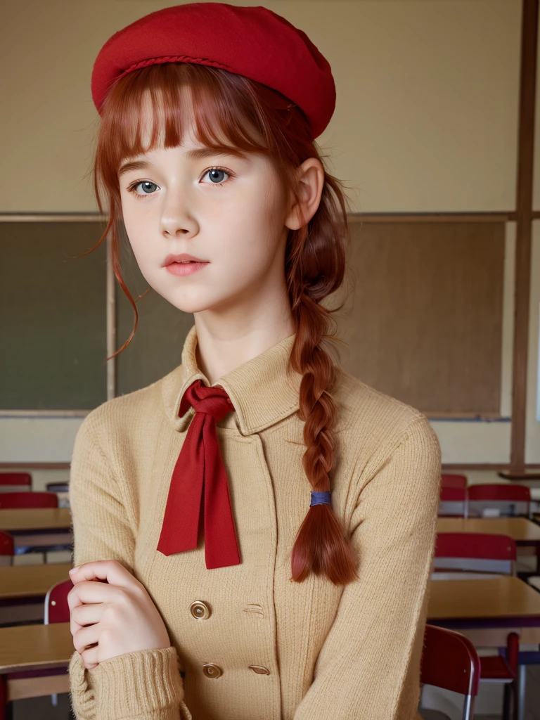 (best quality,4k,8k,highres,masterpiece:1.2),ultra-detailed,(realistic,photorealistic,photo-realistic:1.37), ((classroom, a young school girl, she wears beret, shy, braided red hair, pale skin)), ((slim body, very large bust size for her young age))