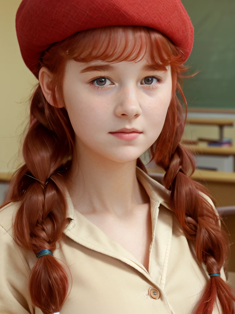 (best quality,4k,8k,highres,masterpiece:1.2),ultra-detailed,(realistic,photorealistic,photo-realistic:1.37), ((classroom, a young school girl, she wears beret, shy, braided red hair, pale skin)), ((slim body, very large bust size for her young age))