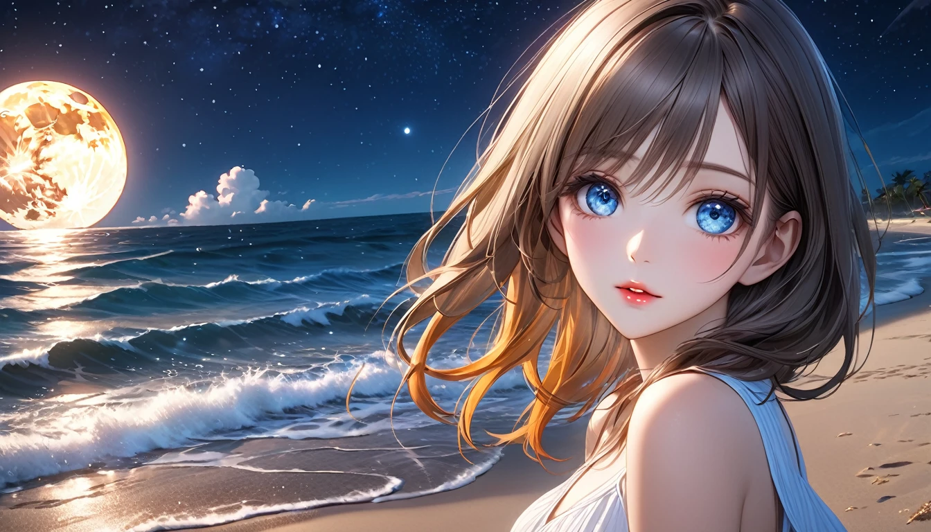 a beautiful girl walking on the beach at night, calm ocean waves, sandy beach, anime style, (best quality,4k,8k,highres,masterpiece:1.2),ultra-detailed,(realistic,photorealistic,photo-realistic:1.37),detailed facial features,beautiful detailed eyes,beautiful detailed lips,extremely detailed eyes and face,longeyelashes,dreamlike atmosphere,warm lighting,glowing moon,starry sky,vibrant colors,serene mood