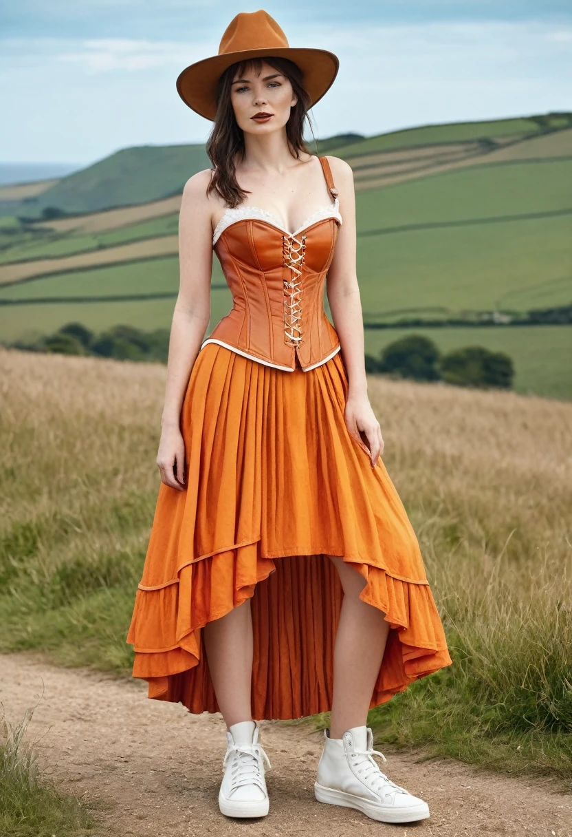 A photo of a woman model. Wearing an orange outfit. Medieval inspired. Orange dyed leather bustier corset dress. Full length dress, orange cotton floaty skirt, pleated with layers. White trainers, exaggerated cowboy hat. Festival chic. Photo is outside, sunny day, countryside coastal background